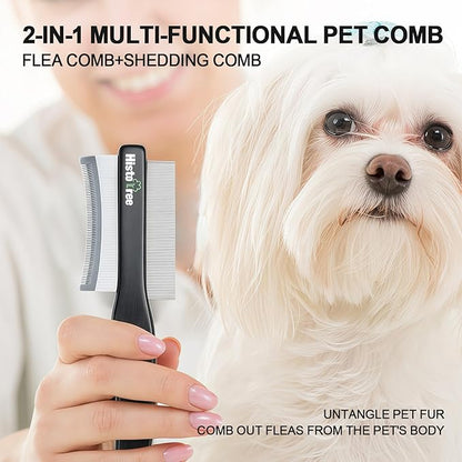 2-in-1 Dog Dematting&Deshedding Comb with Wooden Handle Double-Sided Fine Tooth Metal Flea Comb Pet Grooming Tool for Dogs and Cats Remove Loose Hair Tangles Dirt Fleas