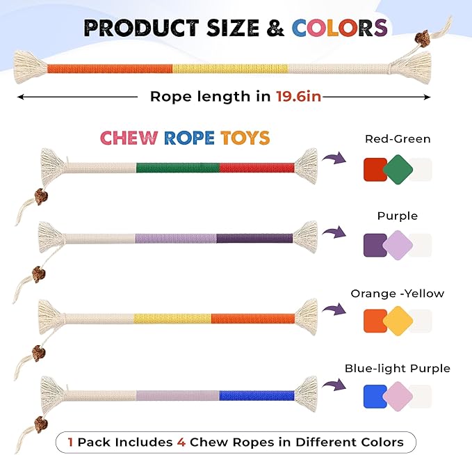Jozy Cat Chew Rope - 4Pcs Cat Chew Toy with Refillable Natural Catnip - Interactive Kitten Teething Toys for Indoor Kittens - Bite Resistant Cotton Chew Rope Toys for All Breeds (19.6 Inches)