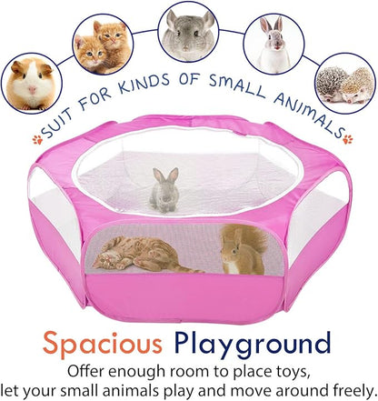 Pawaboo Small Animals Playpen, Waterproof Small Pet Cage Tent with Zippered Cover, Portable Outdoor Yard Fence with 3 Metal Rod for Chick/Kitten/Puppy/Guinea Pig/Rabbits/Hamster/Chinchillas,Magenta