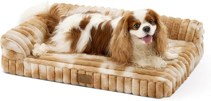 COZY KISS Cute Dog Bed, Faux Rabbit Fur Orthopedic Foam Dog Bed with Sides, Removable Washable Cover & Waterproof Lining, Comfortable Pet Couch for Small Dogs, Tie-Dye Brown (30" L x 20" W x 6" Th)