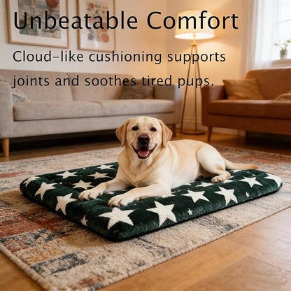 Dog Bed Mat, Reversible Crate Pad & Durable Dog Bed - Machine Washable Kennel Mat with Ultra Soft for Large Dogs (Big&Small Stars Green, 35" L*23" W*1.5" Th)
