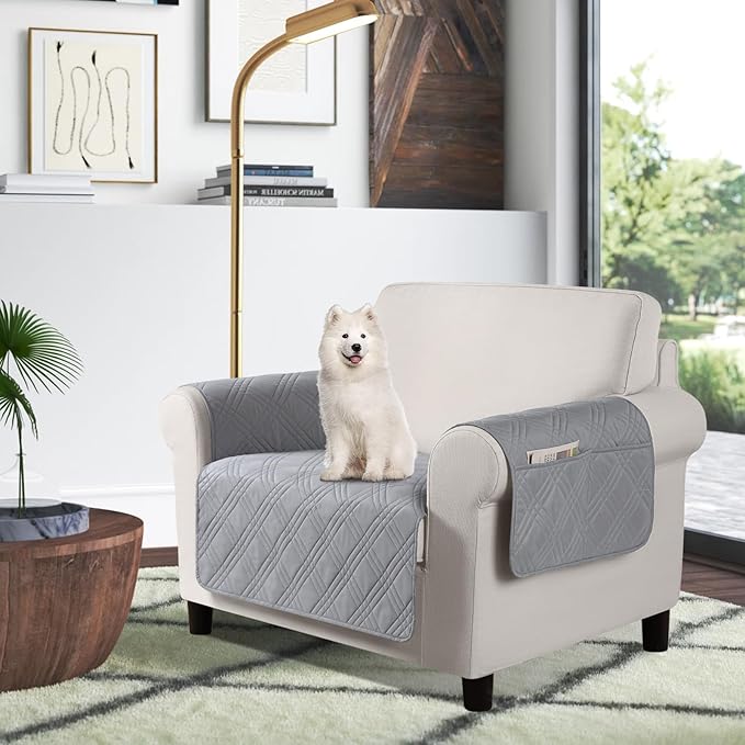TAOCOCO Waterproof Chair Covers for Pets Dogs with Non Slip Backing, Chair Seat Covers with Side Pocket for 1 Seater Couch Washable Dog Couch Cover Protector Sofa Slipcovers(Chair, Light Gray)