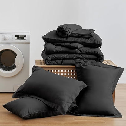 Love's cabin California King Comforter Set Black, 7 Pieces California King Bed in a Bag, All Season Bedding Sets with 1 Comforter, 1 Flat Sheet, 1 Fitted Sheet, 2 Pillowcase and 2 Pillow Sham