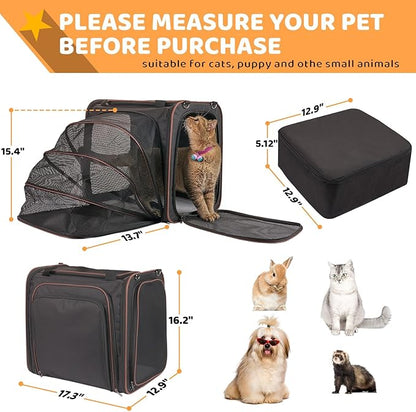 Large Cat Travel Carrier with Litter Box, 17.3"×13"×16" Expandable Cat Carrier for Car Travel, Soft Sided Pet Carrier for Cats/Puppies up to 25lbs, Black