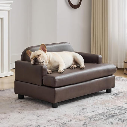 Luxury Dog Sofa Bed Elevated Pet Couch with Durable Waterproof Leather & Orthopedic Sponge - Modern Furniture Style Dog Lounge & Pet Bedside Step for Small/Medium Dogs/Cats, Brown