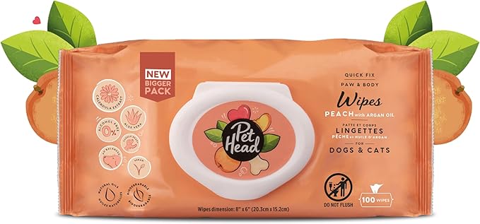 Pet Head Quick Fix Paw and Body Wipes for Cats and Dogs | Peach Scent with Aloe Vera | Biodegradable Pet Hygiene Cleaning Wipes | pH-Neutral | Vegan | For an Easy & Speedy Freshen-Up | 100 pack