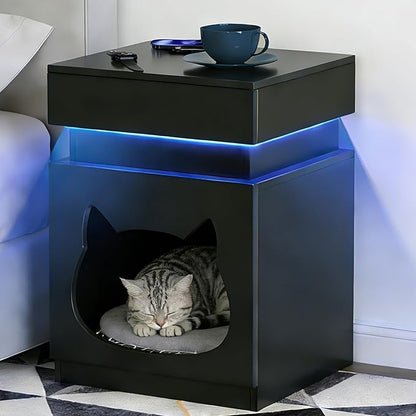 Night Stand with Charging Station, Wooden Bedside Table with LED Lights, Dark Grey Nightstand with Sliding Drawer, Modern End Table with Storage Space for Bedroom, Office, Courtyard