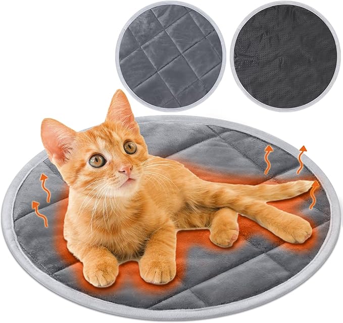 Drydiet 2 Pcs Self Warming Cat Mat Round Self Heating Pad Bed Reversible Machine Washable Heated Bed Anti Slip Warming Pad Pet Mat for Cat Crate Indoor Outdoor(Gray,14 Inch)