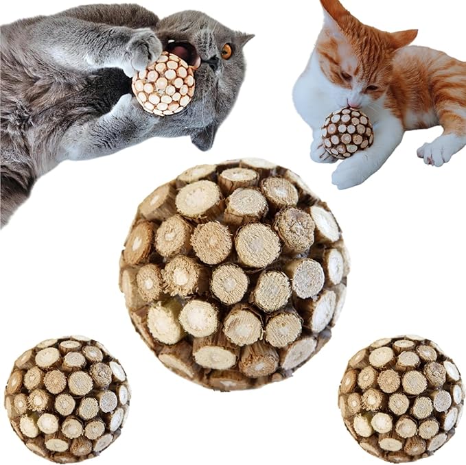 miwoowim 3PCS Cat Ball Toy,Silvervine Ball with Catnip Gall Fruit silvervine Sticks Powder Inside,Catnip Toys for Indoor Cats,Kitten Cleaning Teeth Cat Chew Toy
