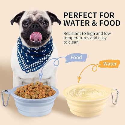 Collapsible Dog Bowls 2-Pack, Portable Travel Dog Bowl with Carabiner, Food-Grade Silicone Pet Bowl for Hiking, Walking(Macaron Blue and Yellow)