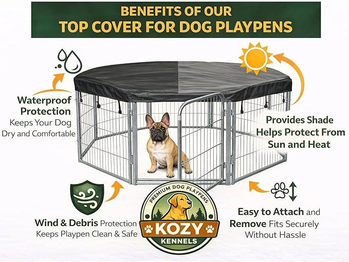 Dog Playpen w/Octagon Bottom Pad & Top Cover - 32 inch, 8 Panel Portable Grey Metal Pet Play Pen for Small & Medium Dogs - Indoor/Outdoor Kennel Cage for Home, Yard, RV, or Camping
