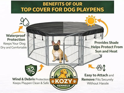 Dog Playpen w/Octagon Bottom Pad & Top Cover - 32 inch, 8 Panel Portable Grey Metal Pet Play Pen for Small & Medium Dogs - Indoor/Outdoor Kennel Cage for Home, Yard, RV, or Camping