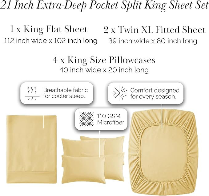 Southshore Fine Living, Inc. 7-Piece Split King Sheets Sets for Adjustable Bed, 21-Inch Deep Pocket King Sheet Set, Microfiber Sheet Set, Muted Gold Pillow Cases, Muted Gold Sheets