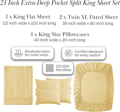 Southshore Fine Living, Inc. 7-Piece Split King Sheets Sets for Adjustable Bed, 21-Inch Deep Pocket King Sheet Set, Microfiber Sheet Set, Muted Gold Pillow Cases, Muted Gold Sheets