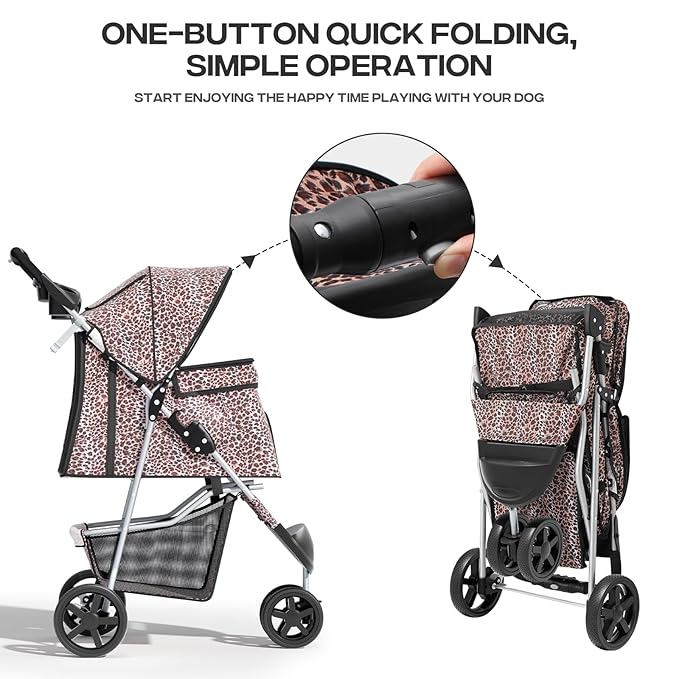 Pet Stroller for Small Dogs 10 lbs, Dog Stroller for Medium Dogs 30 lbs, Cat Strollers for 2 Cats, 3 Wheels Foldable Jogger Puppy Stroller with Storage Basket and Cup Holder, Leopard Print