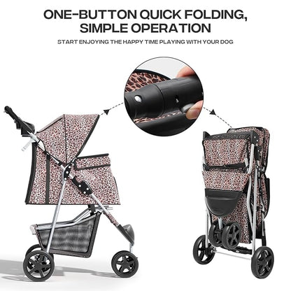 Pet Stroller for Small Dogs 10 lbs, Dog Stroller for Medium Dogs 30 lbs, Cat Strollers for 2 Cats, 3 Wheels Foldable Jogger Puppy Stroller with Storage Basket and Cup Holder, Leopard Print