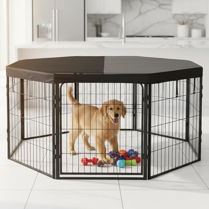 Dog Playpen w/Octagon Top Shade Cover - 32 inch, 8 Panel Portable Black Metal Pet Play Pen for Small & Medium Dogs - Indoor/Outdoor Kennel Cage for Home, Yard, RV, or Camping
