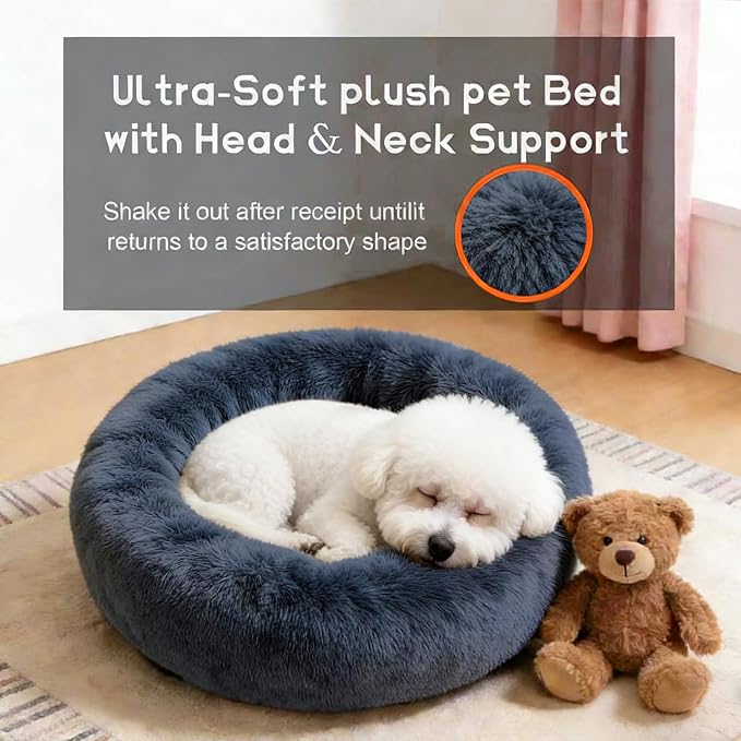 Comfort Donut Dog Bed for Small Dogs, Cat Bed & Pet Bed for Indoor Use, Medium Size with Soft Plush, Round Dog Beds for Large Dogs and Cats (Gray, 32''Lx32''Wx8''Th)