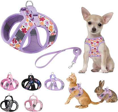 Small Dog Harness with Leash Purple Flowers Pattern Step in Mesh Padded Soft Harness for Small Medium Dogs Cats