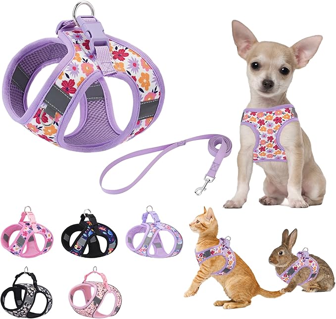 Small Dog Harness with Leash Purple Flowers Pattern Step in Mesh Padded Soft Harness for Small Medium Dogs Cats