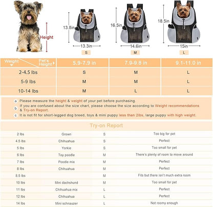 WOYYHO Pet Dog Carrier Backpack Small Dog Front Backpack Ventilated Mesh Dog Travel Back Pack with Safety Belt for Travel Hiking Cycling Outdoor Adventures (Size M: 5-9 lbs, Grey)