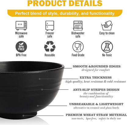Wheat Straw Small Bowls Set of 6, Unbreakable 10 OZ Mini Dessert Bowls, Snack Bowl for Kitchen, Picnic, Microwave & Dishwasher Safe Bowl Set for Ice Cream, Fruits, Appetizer, Black
