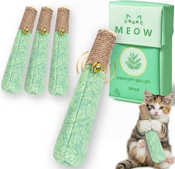 Catnip Toys for Indoor Cats, 3 Pack Funny Cat Chew Toy for Kitten Teething, Soft & Durable Cat Kicker Toys with Dental Rope & Fun Bell, Interactive Organic Cat Nip Toys to Relieve Boredom & Anxiety