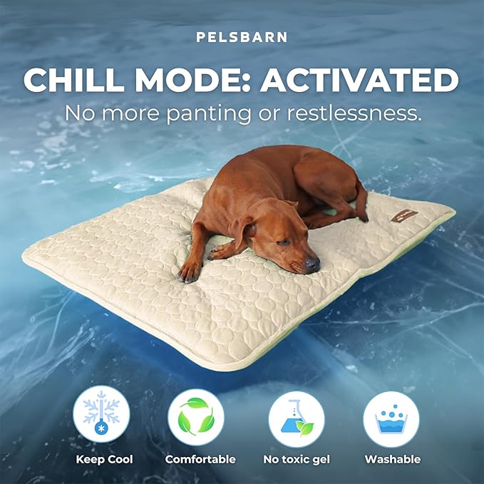 Pelsbarn Dog Cooling Mat- Ice Silk Summer Comfort, Self Cooling, Non-Slip Dog Pad, Durable & Washable, Mat for Extra Large Dogs 33"" x 45"", Support Shelter Dogs with Every Purchase (Beige)