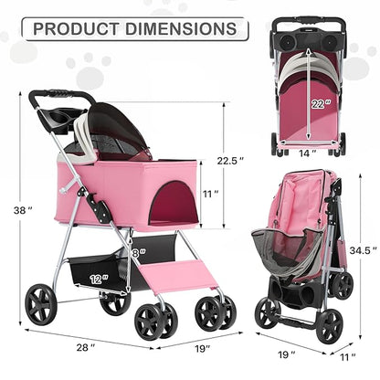 MoNiBloom 3 in 1 Foldable Pet Stroller for Small & Medium Dogs, Detachable Carrier, Car Seat, Push Button Entry, 4-Wheel Jogger for Pets up to 33 lbs, Pink