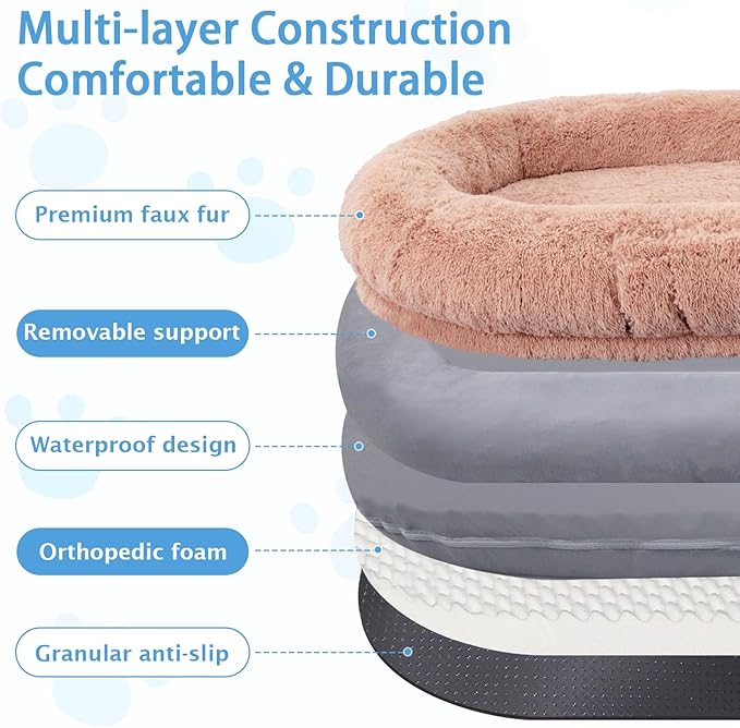 Human Dog Bed, 71''x45''x12'' Size Fits People and Pet 10 CM Thick Memory Foam Washable Adult Large Bed Giant Oversize Foldable Dog Bed with Plump Pillow, Blanket, Strap - Pink