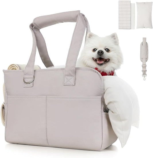 JourCraf Dog Purse Carrier for Small Dogs & Puppies Up 12 Lbs, Soft Cotton Tote Pet Shoulder Bag with Pockets, Foldable & Washable Breathable Puppy Carrier for Yorkie, Chihuahua & Cats - Gray
