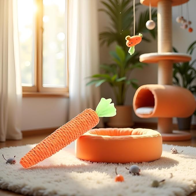 2 Pcs Orange Natural Interactive Sisal Carrot Cat Toys,Cat Dental Chew Toy Kitten Teething Toys for Indoor Cats Interactive Toys