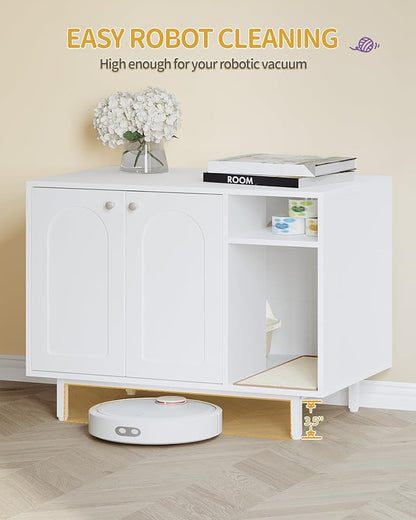 Hzuaneri Cat Litter Box Enclosure Enclosed, Hidden Litter Box Cabinet Furniture with Storage, Wooden Indoor Cat House Large, Modern End Table for Living Room Entryway, White CB01513W