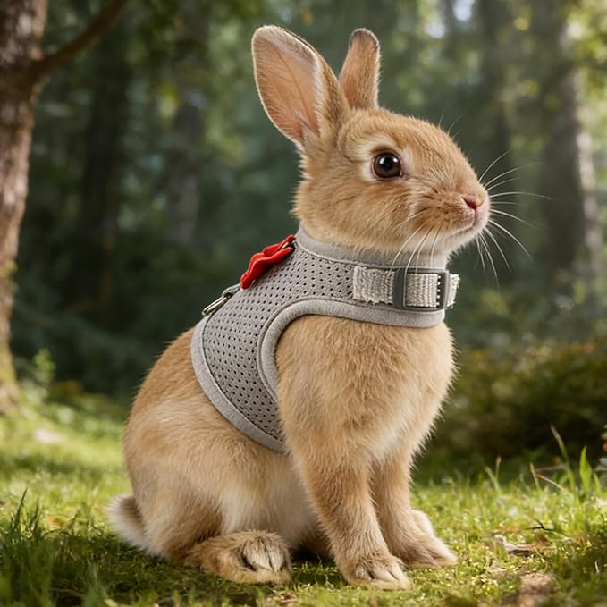 AIITLE Rabbit Harness and Leash Set with Cute Bow, Soft Breathable Mesh Vest Harness for Rabbits Kitten Ferret Puppy Small Pets Walking Supplies Grey S