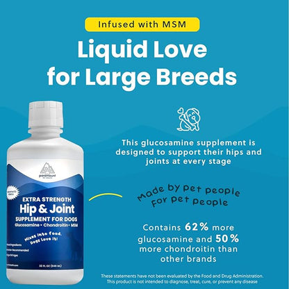Liquid Glucosamine for Dogs 2600mg, Hip & Joint Supplement with Chondroitin & MSM, 32 oz Mobility Support for Large Dogs, Human-Grade Joint Care Made in GMP & FDA Registered Facility