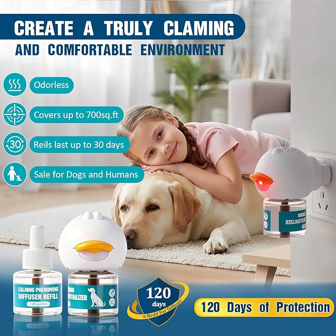 Dog Calming Diffuser, Calming Pheromones Diffuser Kit Appeasing Pheromone Diffuser to Calm (1Plug in+2Refill) for Anxiety Relief Reduce Aggression Fighting Barking Stress