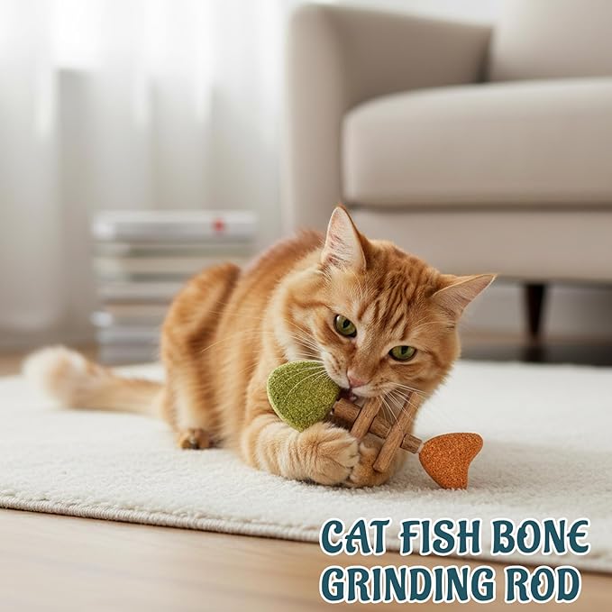 Cat Chew Toy, Interactive Cat Toy with Catnip, Dental Care for Cats, Teething Toy for Indoor Cats, 3-Pack Fish Bone Shape in Mixed Flavors 16x6 cm