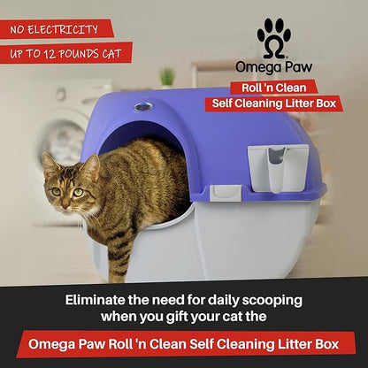 Omega Paw Roll 'n Clean Plastic Indoor Outdoor Automatic Self Cleaning Litter Box with Enclosed Lid for Regular Sized Cats up to 12 Pounds, Periwinkle