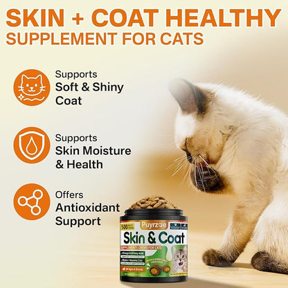 Puyrzoe Cat Skin and Coat Health - 500 Chews Crunchy & Creamy Cheese Core with Omega 3/6/9, Vitamins C & E, Biotin for Skin Hydration & Coat Shine Supplement for Cats Kittens - Chicken & Shrimp Flavor