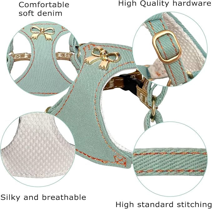 No Pull Dog Harness and Leash Set for Small Sized Dog Training; Puppy Harnesses with Multifunction Dog Leash, Soft Adjustable Denim No Choke Escape Proof Pet Harness for Small and Medium Dog (Teal XS)