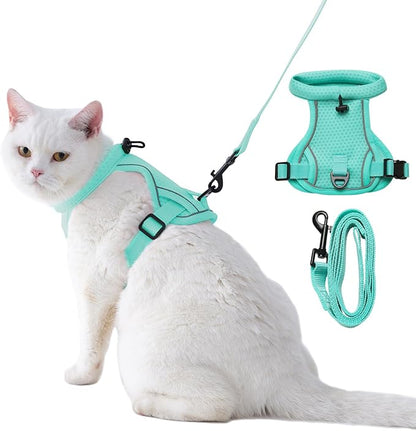 Dotoner Escape Proof Cat Harness and Leash Set Adjustable Soft Mesh Vest for Walking Safe Travel Vet Visit with Reflective Strips for Cats and Kittens(Turquoise-M)