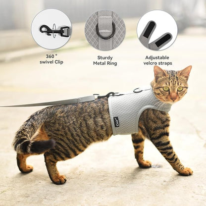 Cat Harness and Leash for Walking Escape Proof Breathable Mesh Fabric, Solid Grey, XX-Large, Adjustable Cat Walking Jackets, Padded Stylish Cat Vest