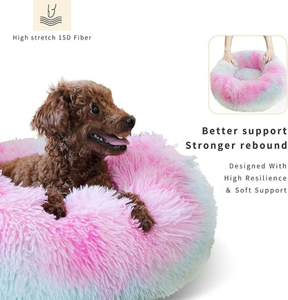 nononfish Calming Donut Beds for Small Dog Washable, 19 Inch Fluffy Round for Puppies, Cats & Toy Breeds with Raised Rim, Fits up to 15 lbs Pets, Multi Colored