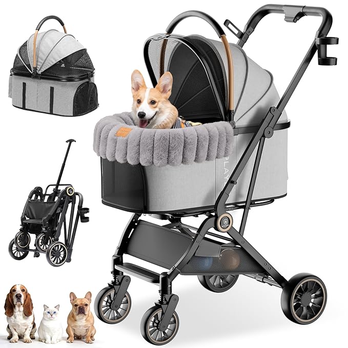 GTPLAYER Pet Stroller with Matching Stroller Mat Set, for Small Dogs and Cats Up to 45 lb, Detachable Carrier, One-Hand Fold, Stroller: Grey, Mat: Grey