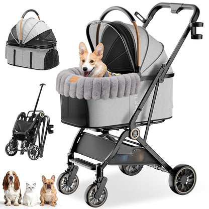 GTPLAYER Pet Stroller with Matching Stroller Mat Set, for Small Dogs and Cats Up to 45 lb, Detachable Carrier, One-Hand Fold, Stroller: Grey, Mat: Grey