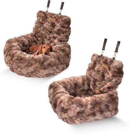 Pelsbarn Luxurious Cozy Car Bed - X-Small Luxury Travel Dog Bed with Safety Belt - Ultra Soft Faux Fur - Brown
