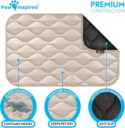 Paw Inspired Washable Padded Crate Mats for Dogs | 29” x 18” Pad, Fits 30-inch Kennels | Leakproof, Waterproof Bottom, Plush Pet Beds (Tan)