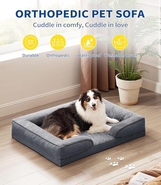 Made4pet Large Dog Bed, Orthopedic Extra Large Dog Sofa Egg-Crate Foam 42" Pet Couch Bed with Washable Waterproof Cover,Gray