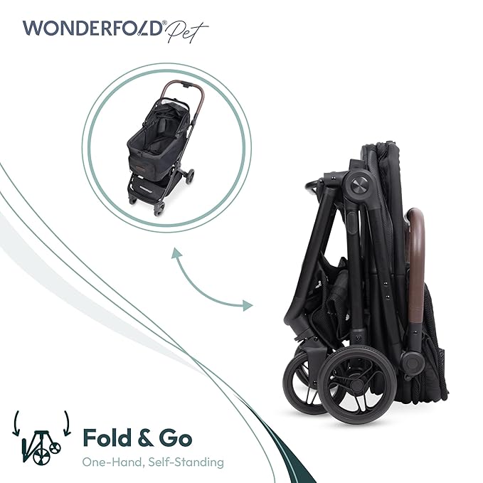 WonderFold Bella Pet Stroller - Autofold Design with Lightweight Aluminum Frame, Breathable Carriage Fabrics and Canopy, Safety Tethers & Easy-Clean Interior - Graphite Black