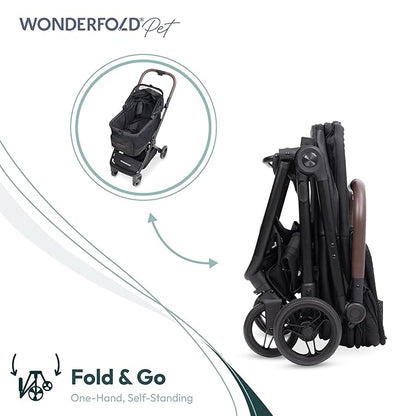 WonderFold Bella Pet Stroller - Autofold Design with Lightweight Aluminum Frame, Breathable Carriage Fabrics and Canopy, Safety Tethers & Easy-Clean Interior - Graphite Black